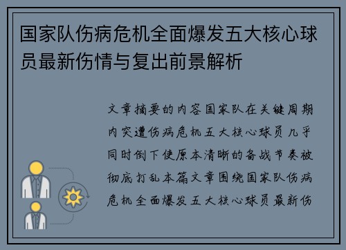 国家队伤病危机全面爆发五大核心球员最新伤情与复出前景解析 国家队伤病危机全面爆发五大核心球员最新伤情与复出前景解析