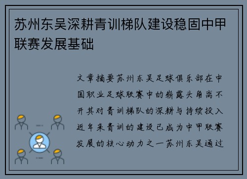 苏州东吴深耕青训梯队建设稳固中甲联赛发展基础