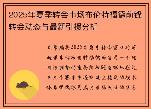 2025年夏季转会市场布伦特福德前锋转会动态与最新引援分析 2025年夏季转会市场布伦特福德前锋转会动态与最新引援分析